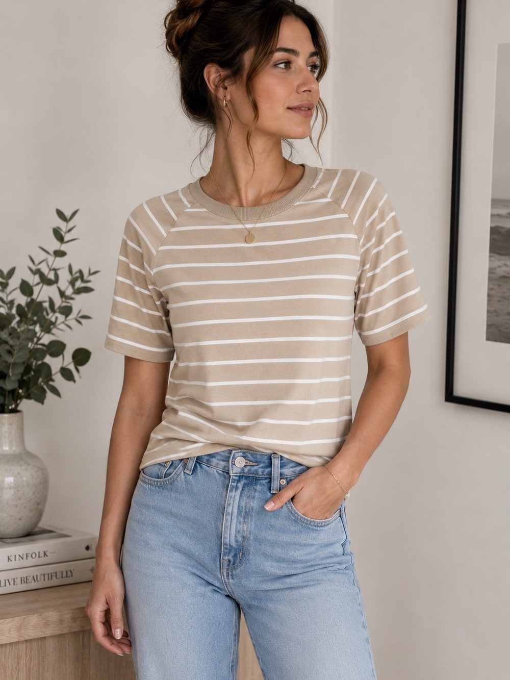 Haven Well Within Tan White Stripe Raglan Tee Soft Stretch Small/Med Minimalist